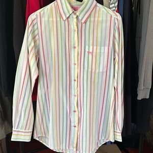 PINK long sleeve button down multi colored striped shirt size S